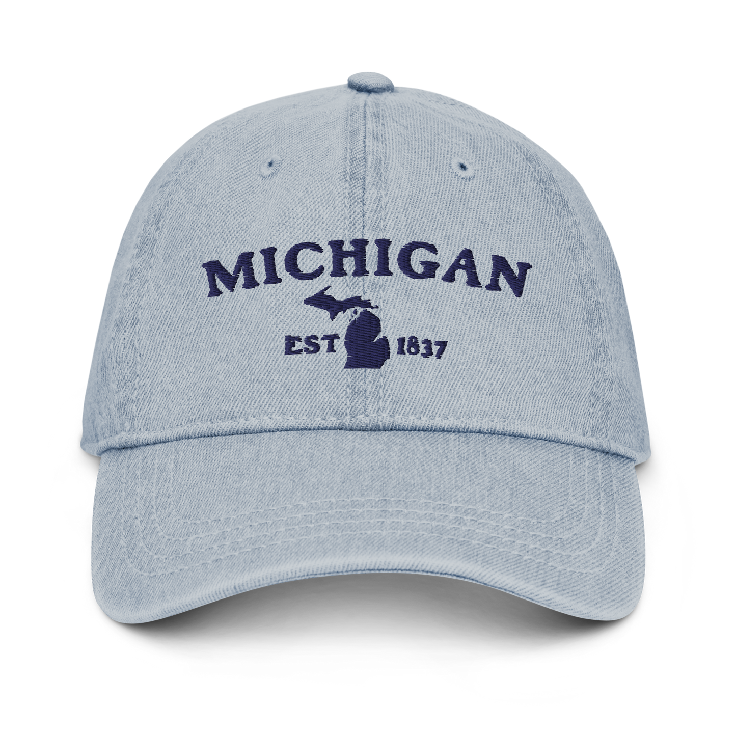 'Michigan EST 1837' Denim Baseball Cap (Woodcut Font) | White/Navy Embroidery