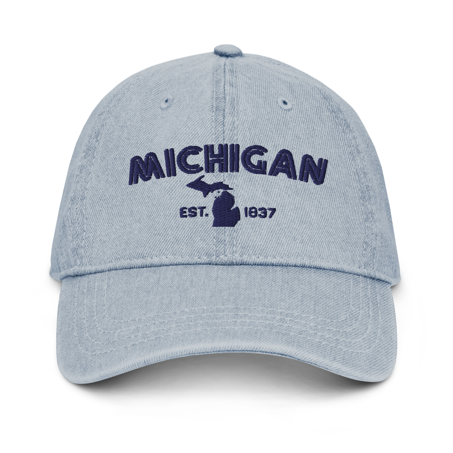 'Michigan EST 1837' Denim Baseball Cap (Metalpress Font) | White/Navy Embroidery