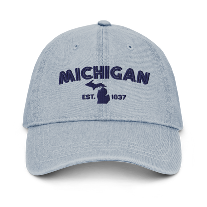 'Michigan EST 1837' Denim Baseball Cap (Metalpress Font) | White/Navy Embroidery