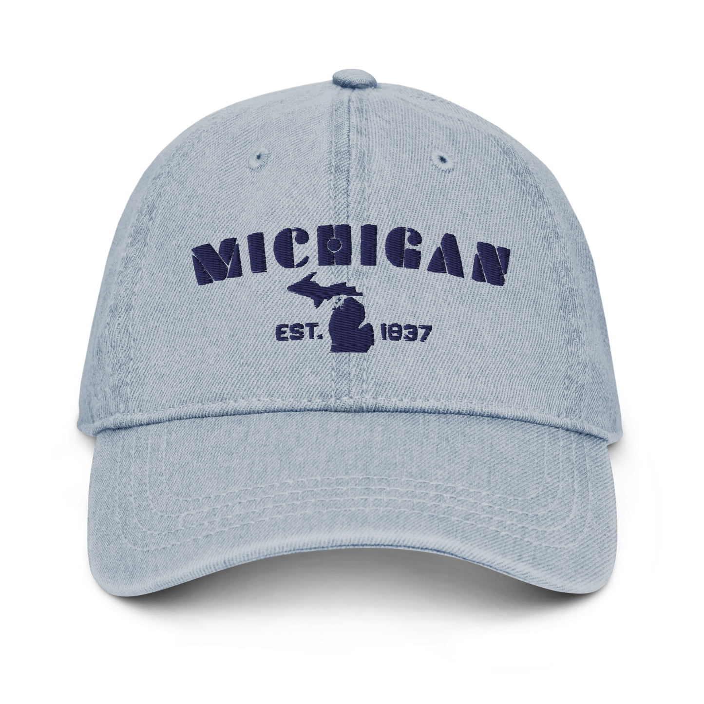 'Michigan EST 1837' Denim Baseball Cap (Art Deco Font) | White/Navy Embroidery