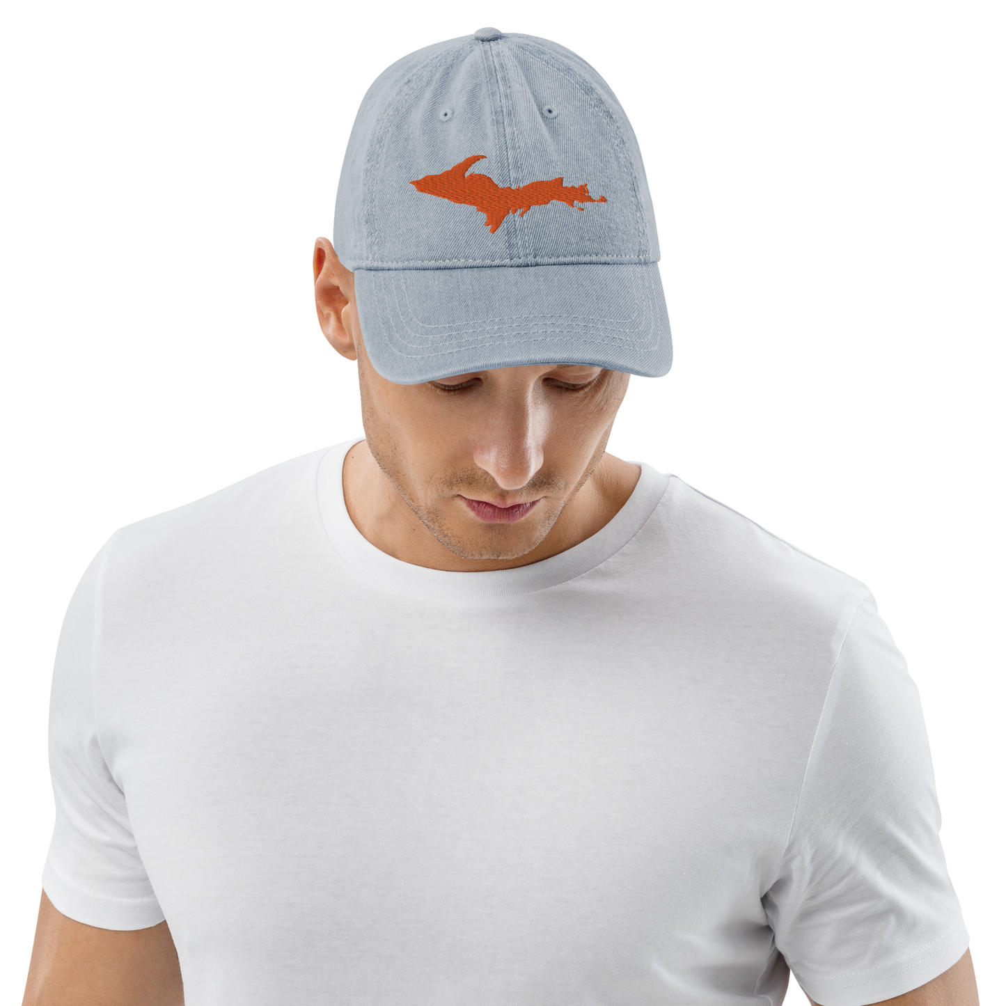 Michigan Upper Peninsula Denim Baseball Cap (w/ Orange UP Outline)