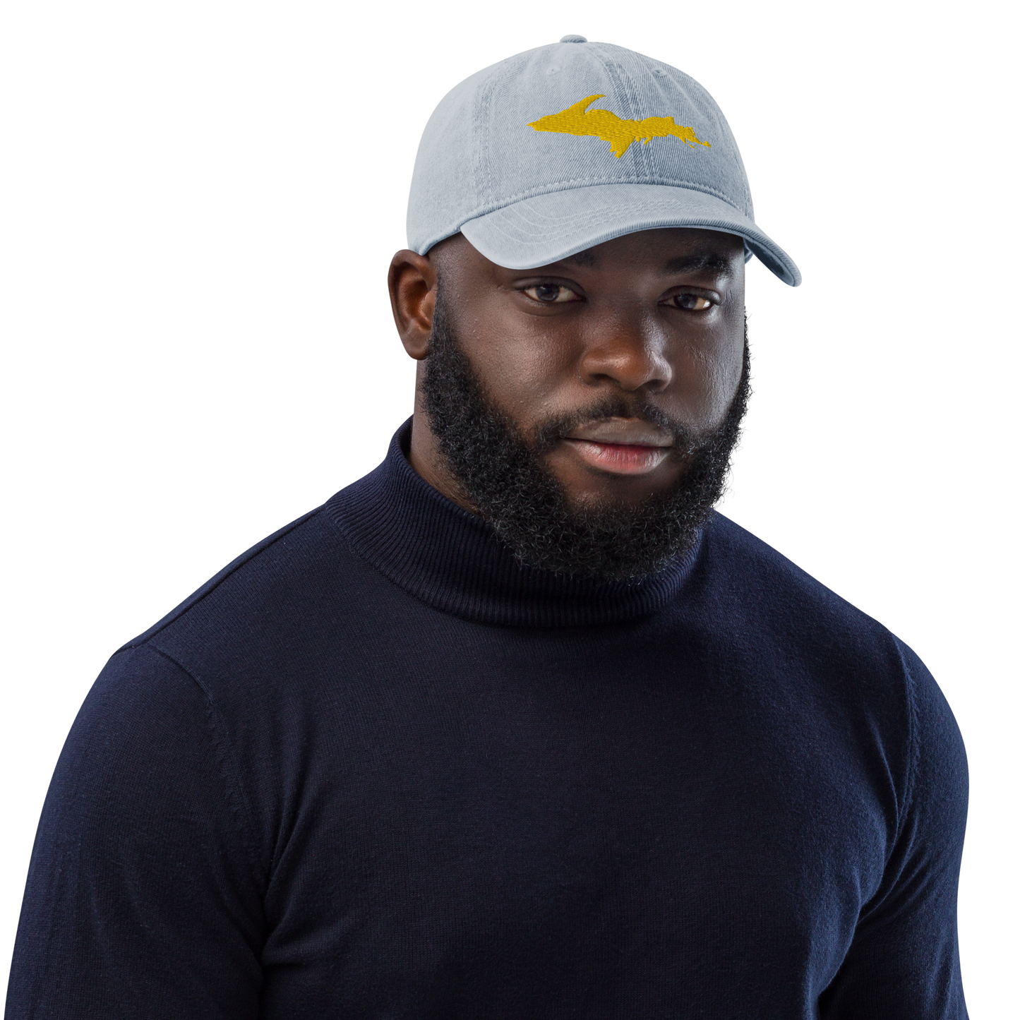 Michigan Upper Peninsula Denim Baseball Cap (w/ Gold Outline)