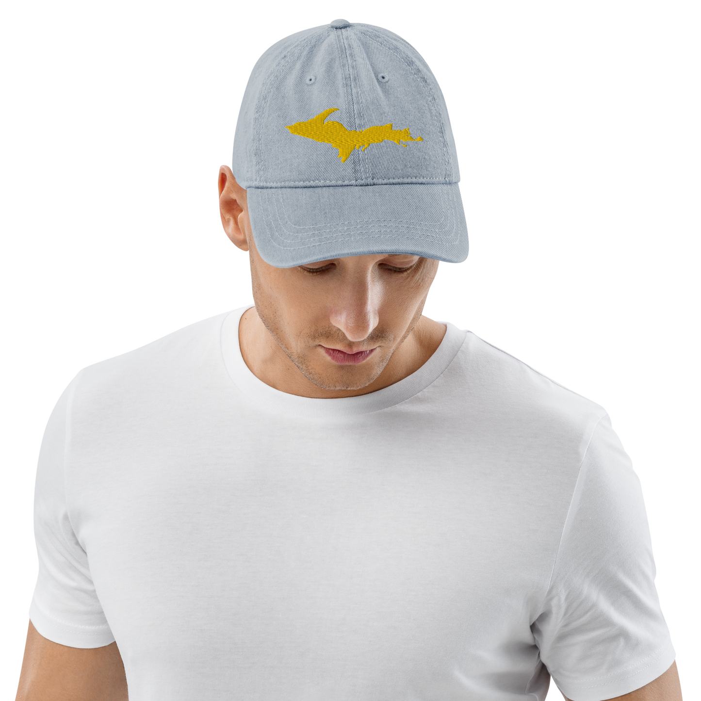 Michigan Upper Peninsula Denim Baseball Cap (w/ Gold Outline)