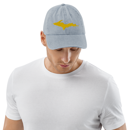 Michigan Upper Peninsula Denim Baseball Cap (w/ Gold Outline)