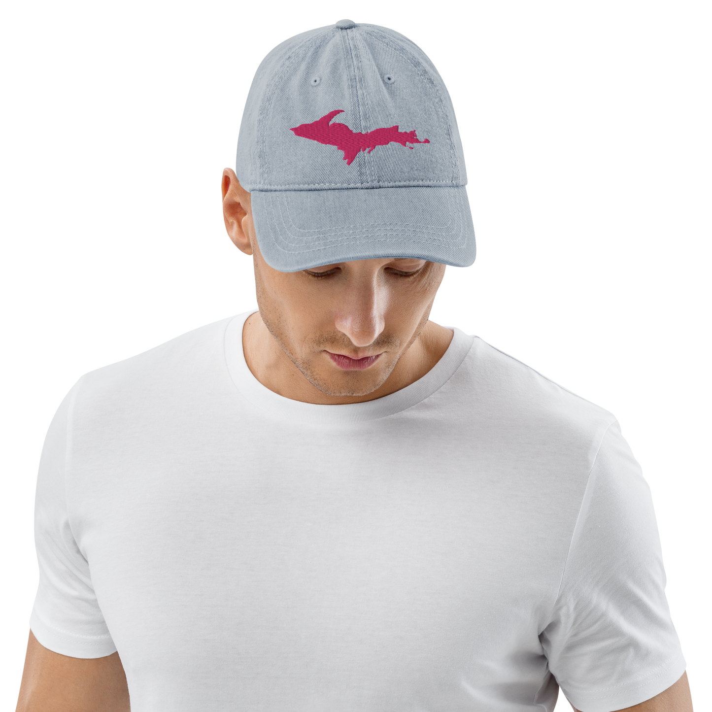 Michigan Upper Peninsula Denim Baseball Hat (w/ Pink UP Outline)