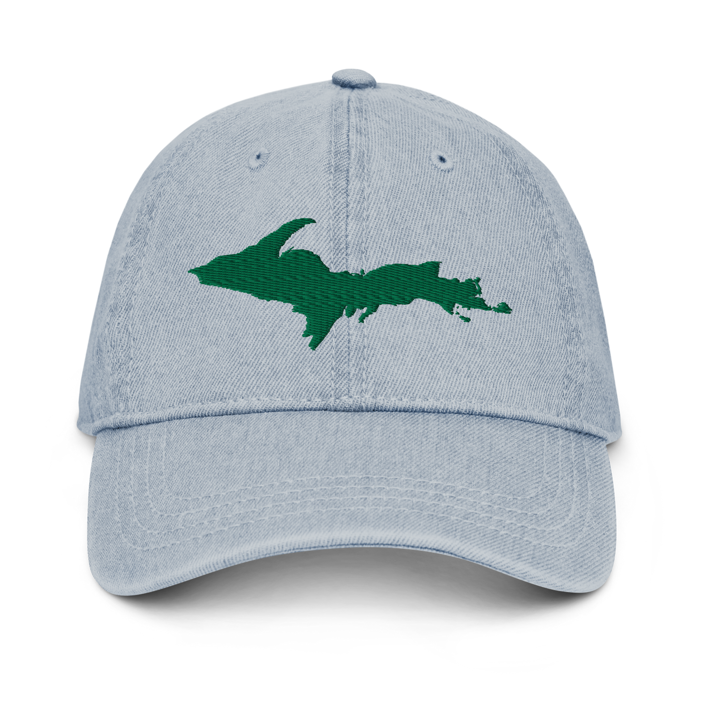 Michigan Upper Peninsula Denim Baseball Cap (w/ Green UP Outline)