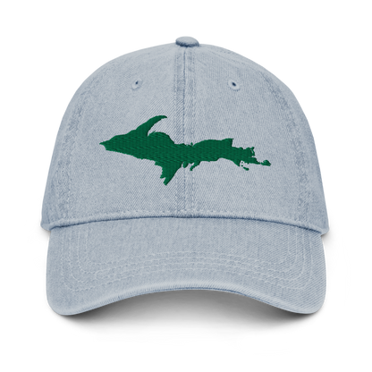 Michigan Upper Peninsula Denim Baseball Cap (w/ Green UP Outline)