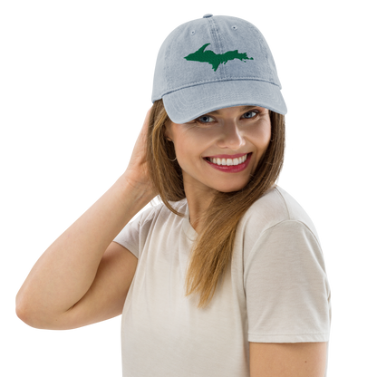 Michigan Upper Peninsula Denim Baseball Cap (w/ Green UP Outline)