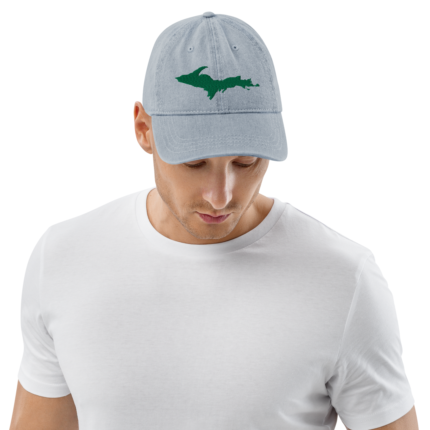 Michigan Upper Peninsula Denim Baseball Cap (w/ Green UP Outline)