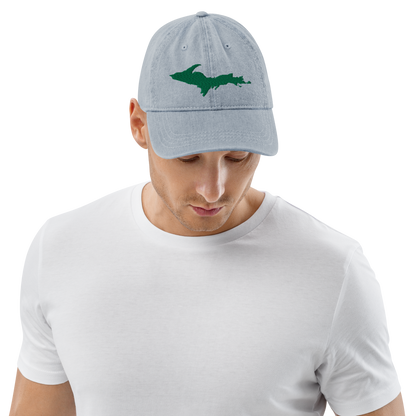 Michigan Upper Peninsula Denim Baseball Cap (w/ Green UP Outline)