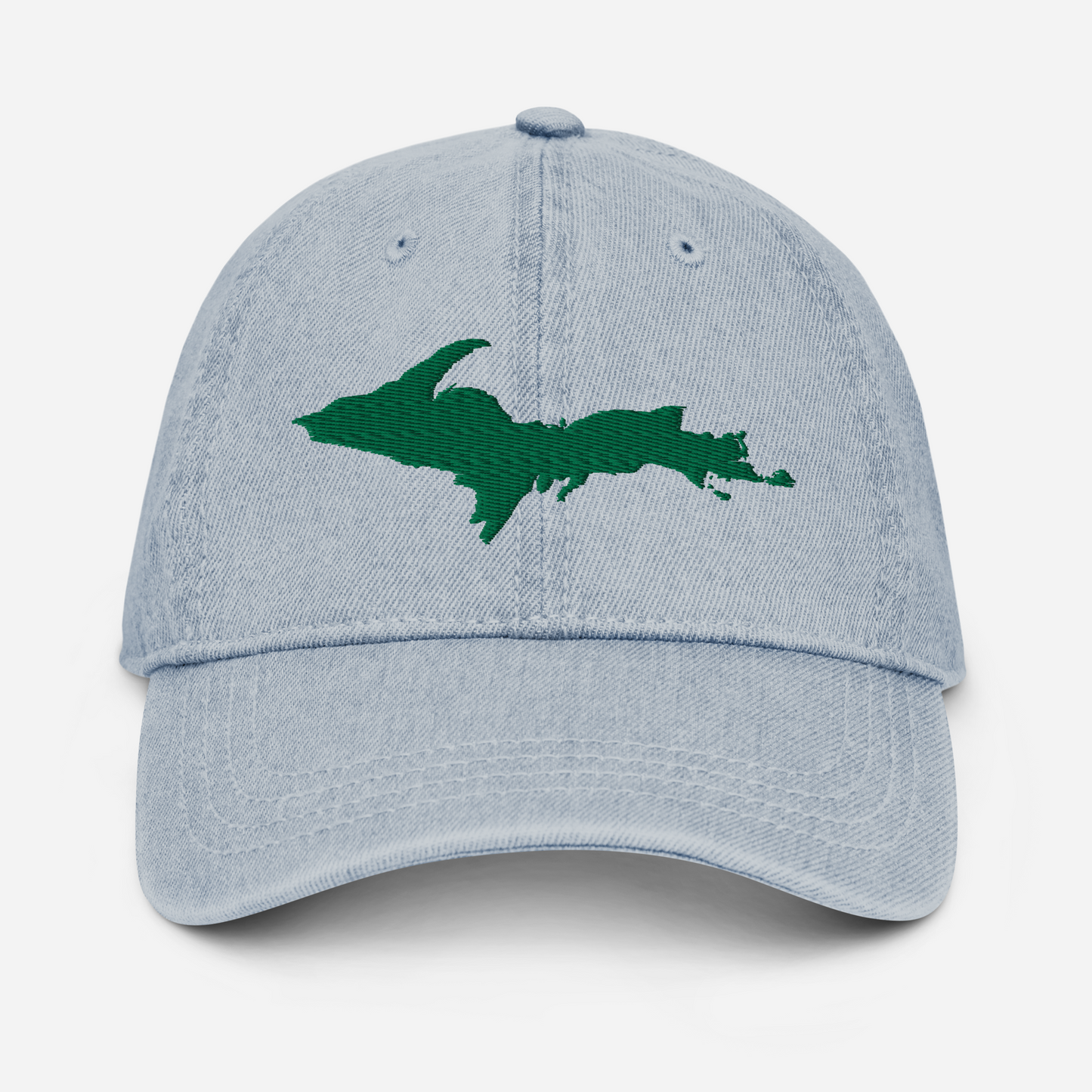 Michigan Upper Peninsula Denim Baseball Cap (w/ Green UP Outline)