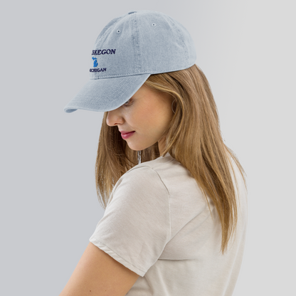 'Muskegon Michigan' Denim Baseball Cap (w/ Michigan Outline)