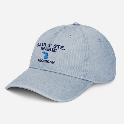 'Sault Ste. Marie' Denim Baseball Cap (w/ Michigan Outline)