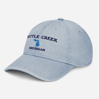 'Battle Creek Michigan' Denim Baseball Cap (w/ Michigan Outline)