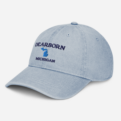 'Dearborn Michigan' Denim Baseball Cap (w/ Michigan Outline)