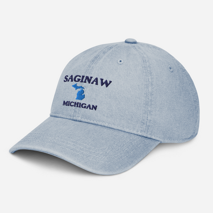 'Saginaw Michigan' Denim Baseball Cap (w/ Michigan Outline)