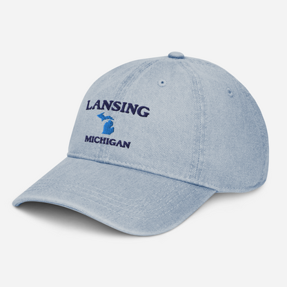 'Lansing Michigan' Denim Baseball Cap (w/ Michigan Outline)