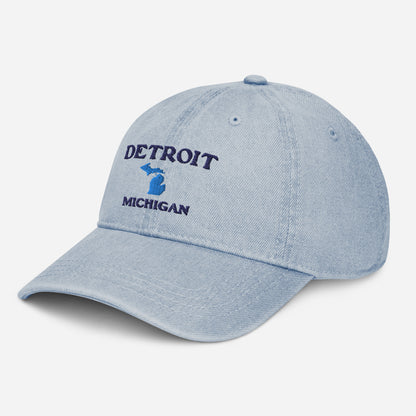 'Detroit Michigan' Denim Baseball Cap (w/ Michigan Outline)