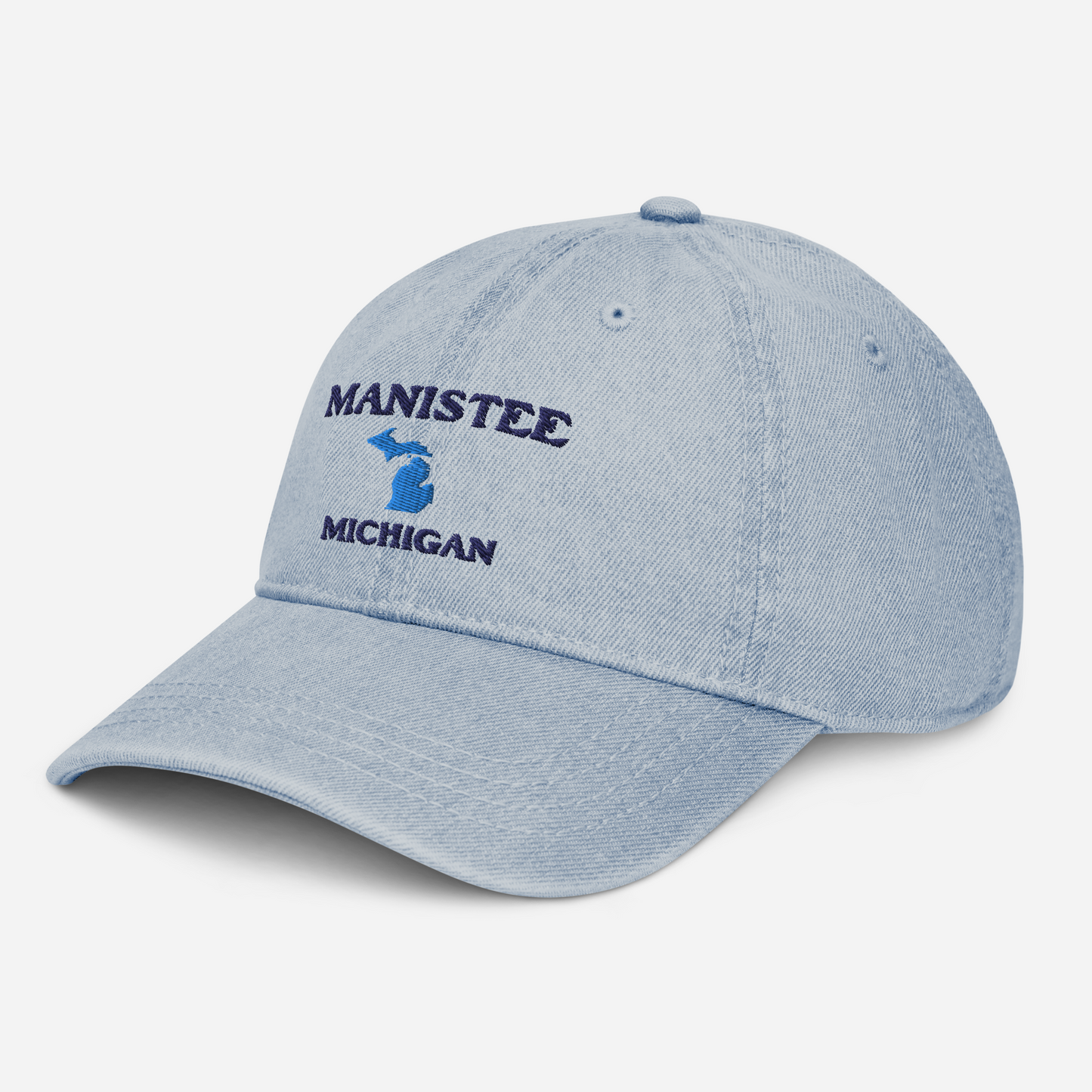 'Manistee Michigan' Denim Baseball Cap (w/ Michigan Outline)