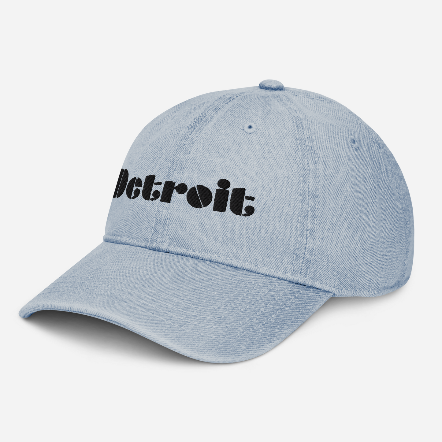 'Detroit' Denim Baseball Cap (Art Deco Font) | White/Black Embroidery