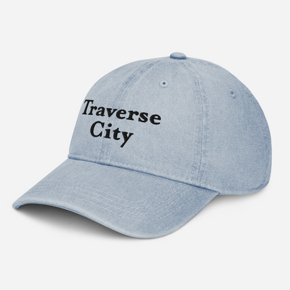 'Traverse City' Denim Baseball Cap | White/Black Embroidery