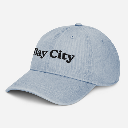 'Bay City' Denim Baseball Cap | White/Black Embroidery