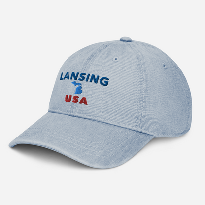 'Lansing USA' Denim Baseball Cap (w/ Michigan Outline)