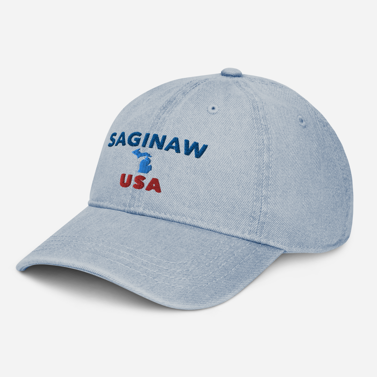 'Saginaw USA' Denim Baseball Cap (w/ Michigan Outline)