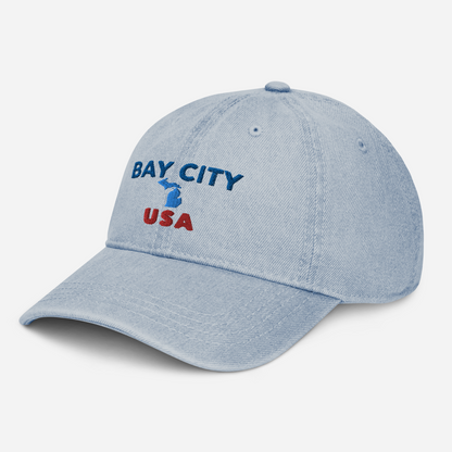 'Bay City USA' Denim Baseball Cap (w/ Michigan Outline)