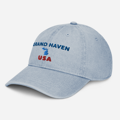 'Grand Haven USA' Denim Baseball Hat (w/ Michigan Outline)