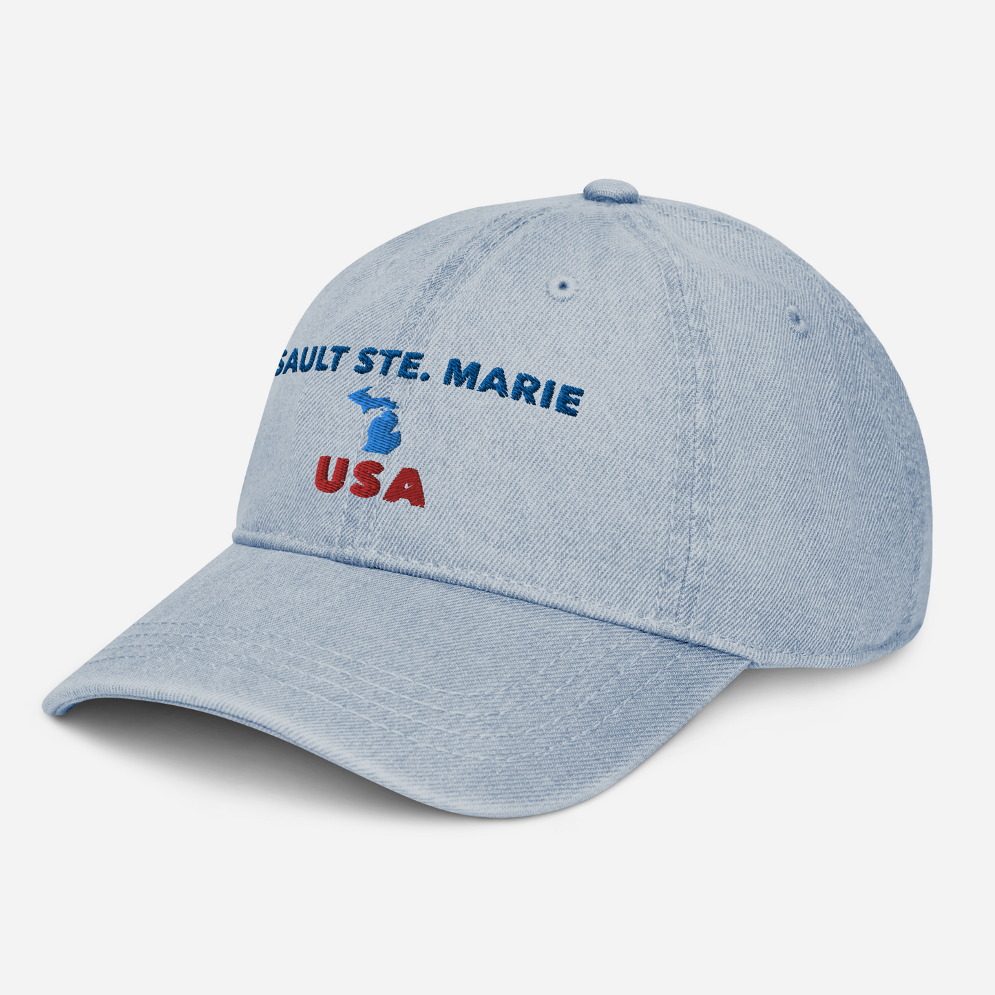 'Sault Ste. Marie USA' Denim Baseball Hat (w/ Michigan Outline)