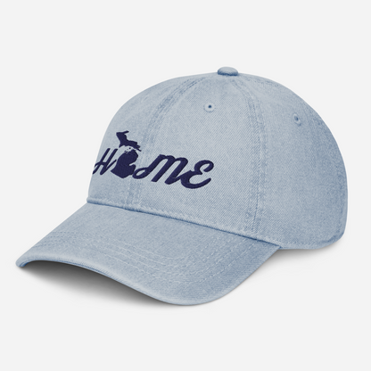 Michigan 'Home' Denim Baseball Cap (Script Font) | White/Navy Embroidery