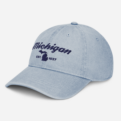 'Michigan EST 1837' Denim Baseball Cap (Script Font) | White/Navy Embroidery