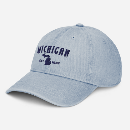 'Michigan EST 1837' Denim Baseball Cap (Vicious Mustelid Font) | White/Navy Embroidery