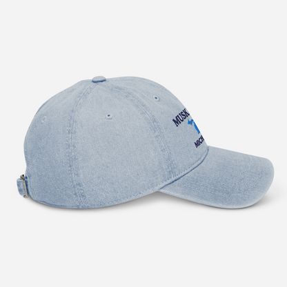 'Muskegon Michigan' Denim Baseball Cap (w/ Michigan Outline)