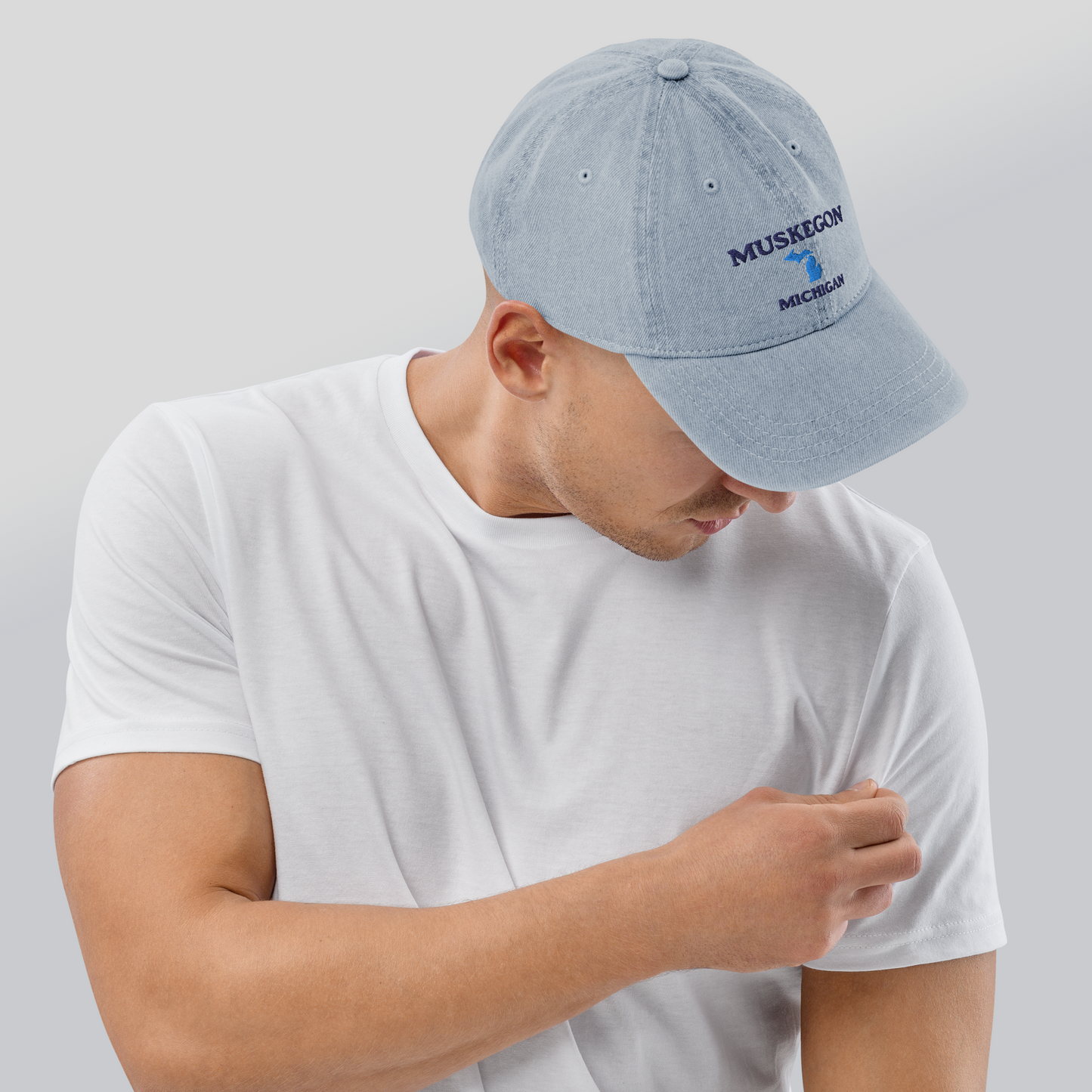 'Muskegon Michigan' Denim Baseball Cap (w/ Michigan Outline)