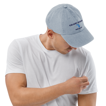 'Grand Marais Michigan' Denim Baseball Cap (w/ Michigan Outline)