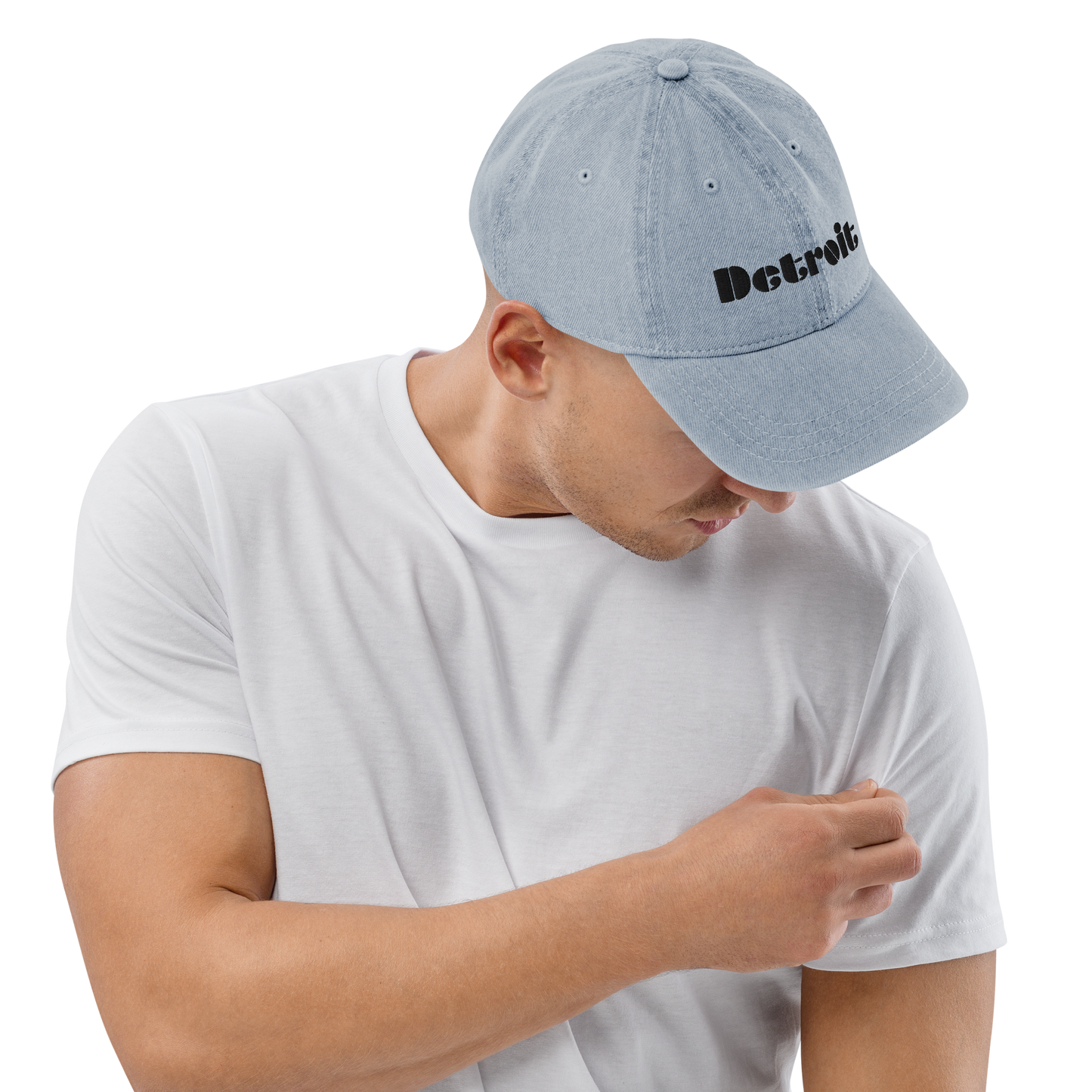 'Detroit' Denim Baseball Cap (Art Deco Font) | White/Black Embroidery