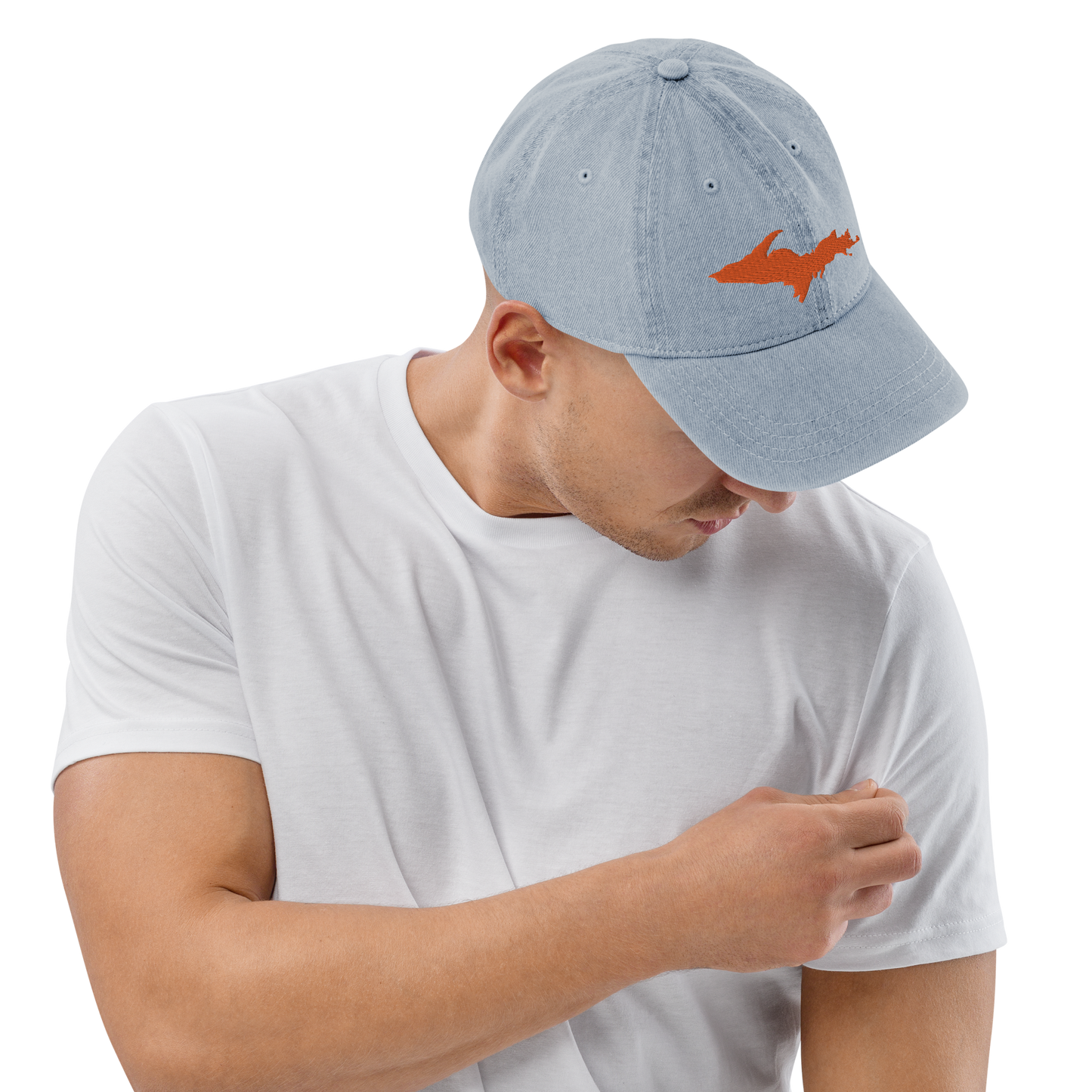 Michigan Upper Peninsula Denim Baseball Cap (w/ Orange UP Outline)