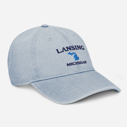 'Lansing Michigan' Denim Baseball Cap (w/ Michigan Outline)