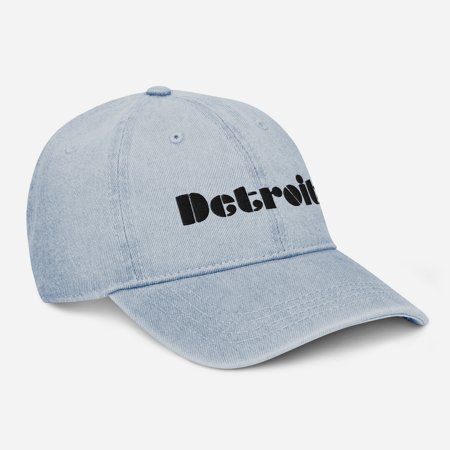 'Detroit' Denim Baseball Cap (Art Deco Font) | White/Black Embroidery