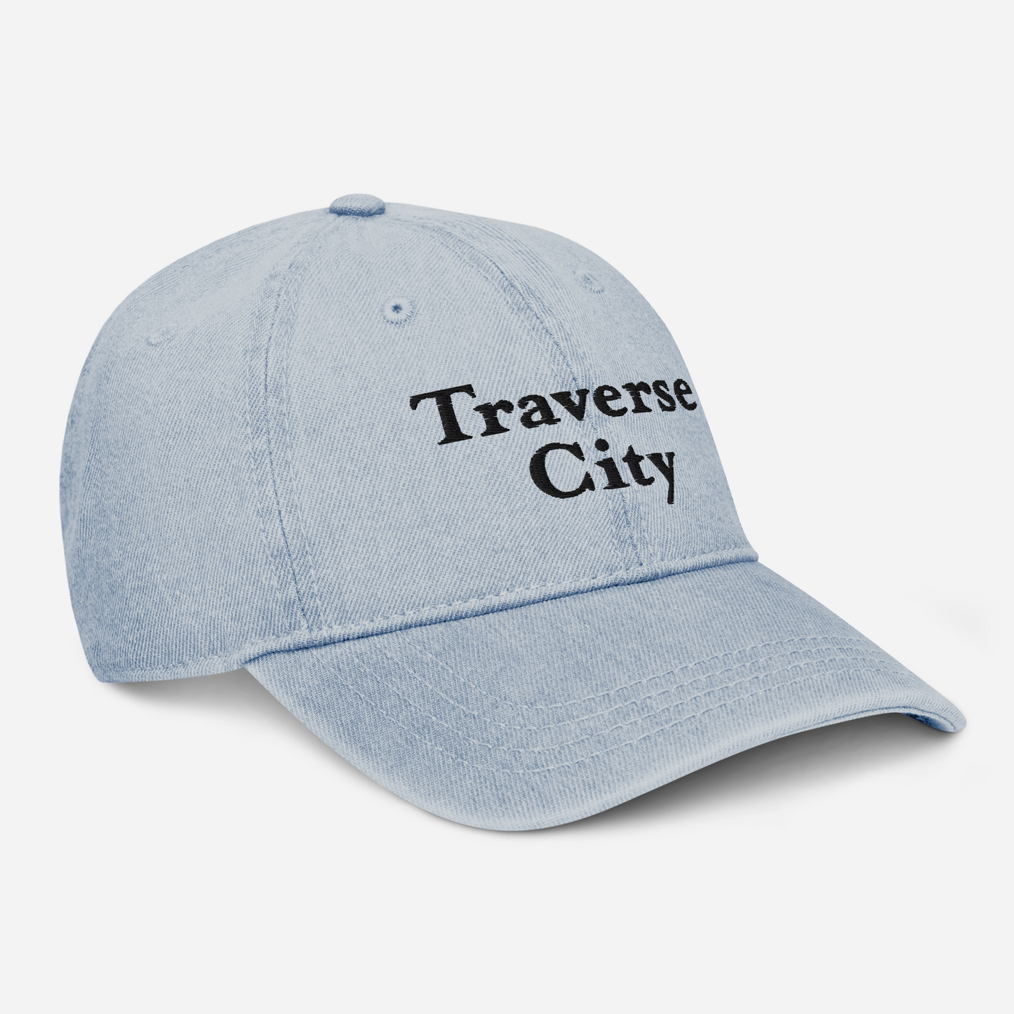 'Traverse City' Denim Baseball Cap | White/Black Embroidery