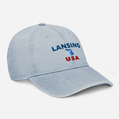 'Lansing USA' Denim Baseball Cap (w/ Michigan Outline)