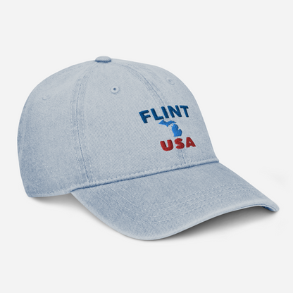 'Flint USA' Denim Baseball Cap (w/ Michigan Outline)