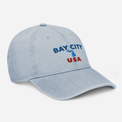 'Bay City USA' Denim Baseball Cap (w/ Michigan Outline)