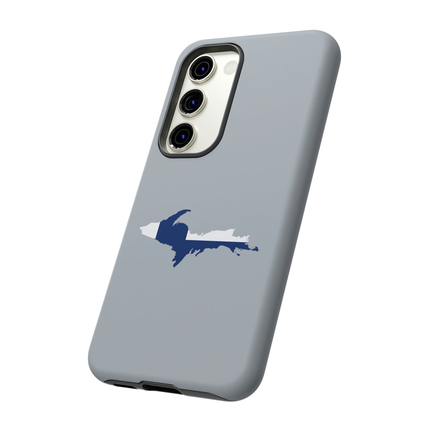 Michigan Upper Peninsula Tough Phone Case (Silver w/ UP Finland Flag Outline) | Samsung & Pixel Android