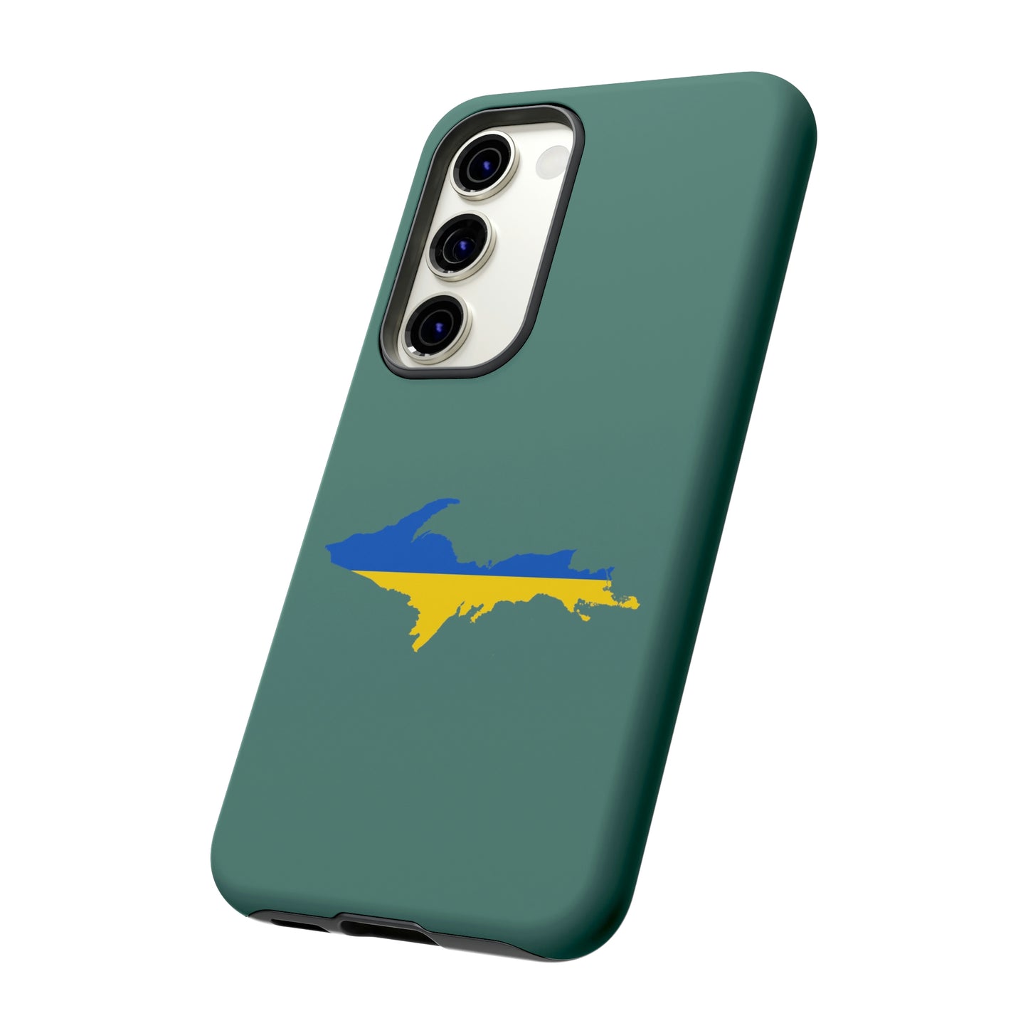 Michigan Upper Peninsula Tough Phone Case (Copper Green w/ UP Ukraine Flag Outline) | Samsung & Pixel Android