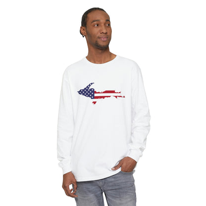 Michigan Upper Peninsula Garment-Dyed T-Shirt (w/ UP USA Flag Outline) | Unisex Long Sleeve