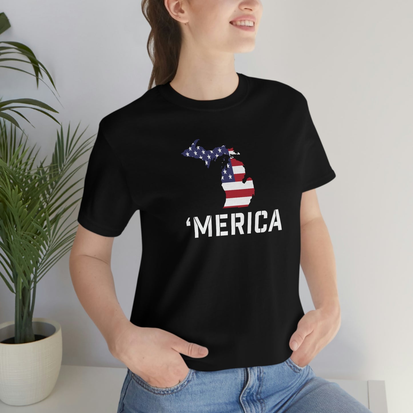 Michigan 'Merica' T-Shirt (Military Stencil Font w/ MI USA Flag Outline) | Unisex Standard Fit