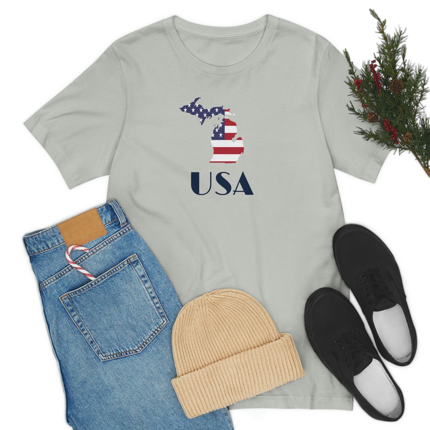 Michigan 'USA' T-Shirt (w/ MI USA Flag Outline) | Unisex Standard Fit